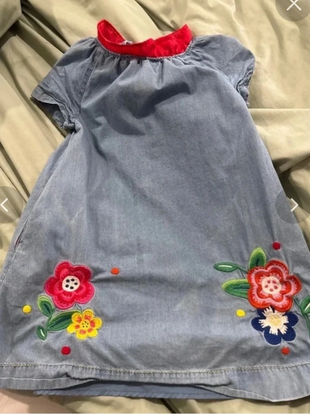 Mini Boden Girls' Blue Floral Appliqué Dress with Red Collar size 8
